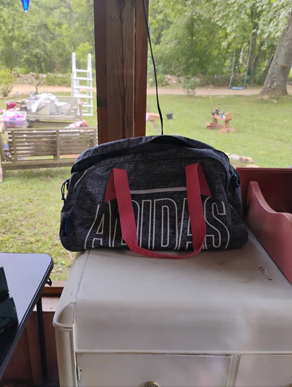 Adidas Gray Duffel Bag with Pink Handles